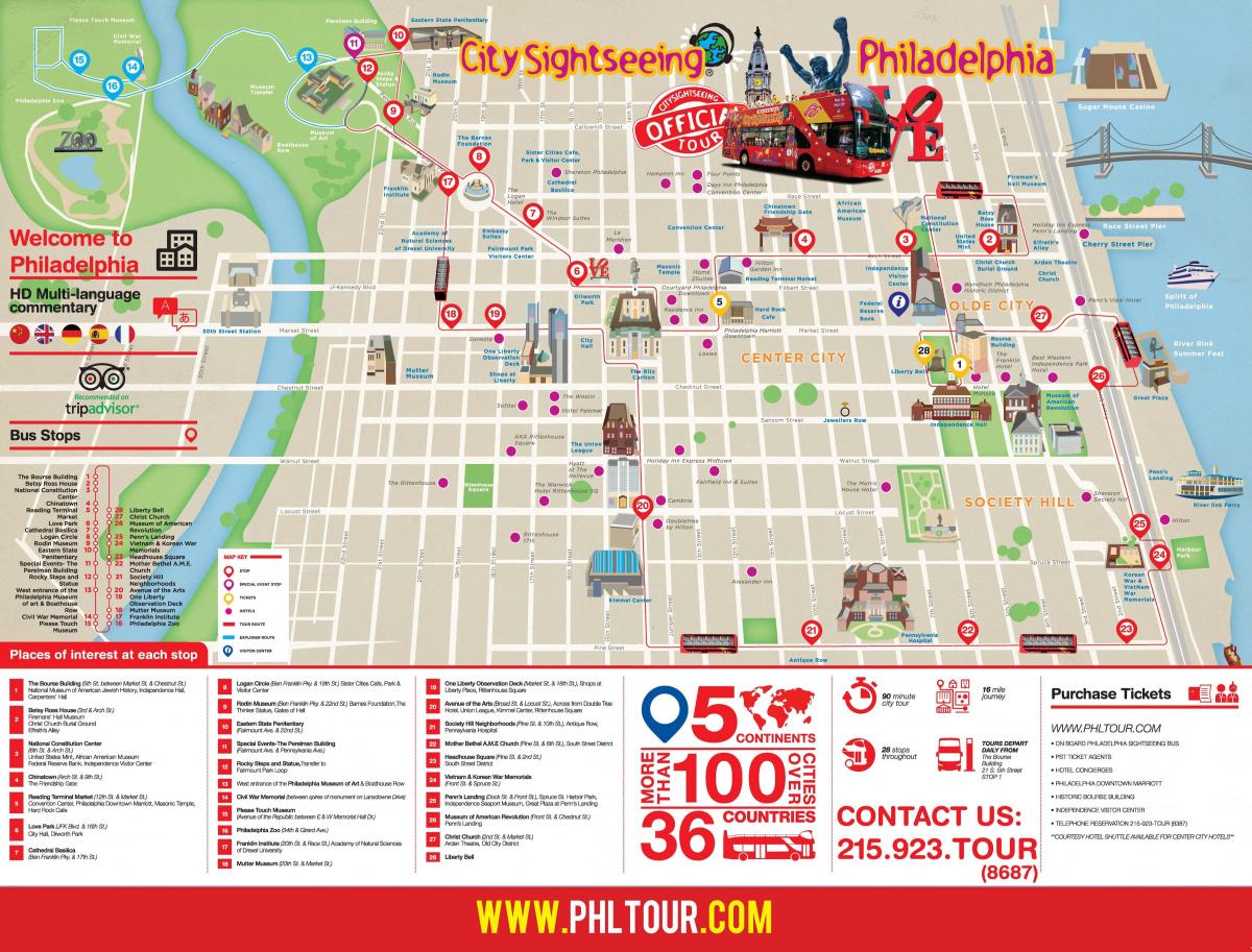 Philadelphia Hop On Hop Off bus tours kaart